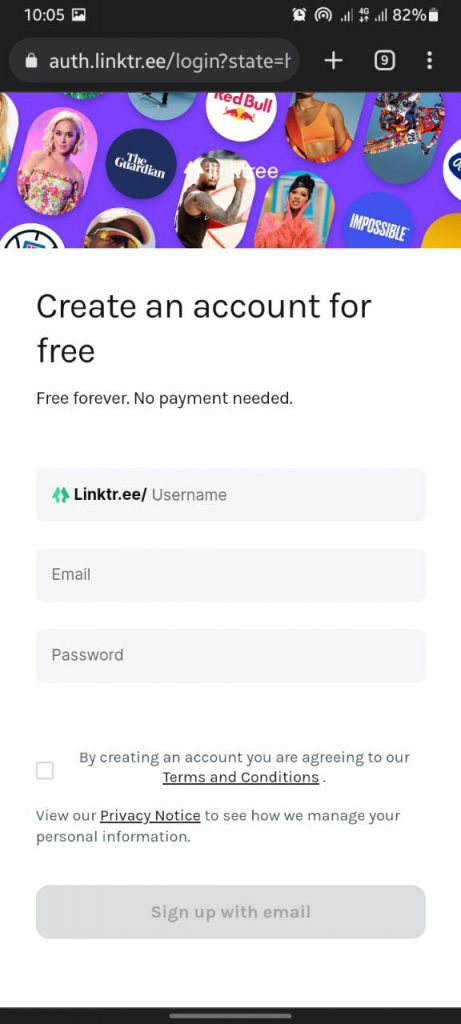 Signing up to linktree